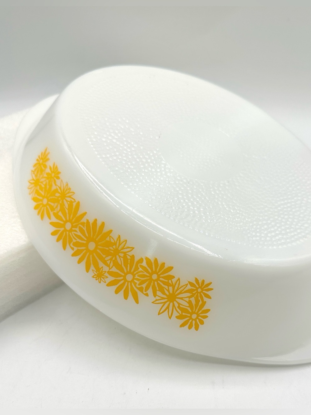 Glasbake Vintage Divided Milk Glass Serving Dish, Yellow Daisy Pattern. 1970s